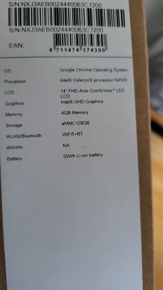 Portatil 14" Acer Intel,4 gb y 128 gb, nuevo