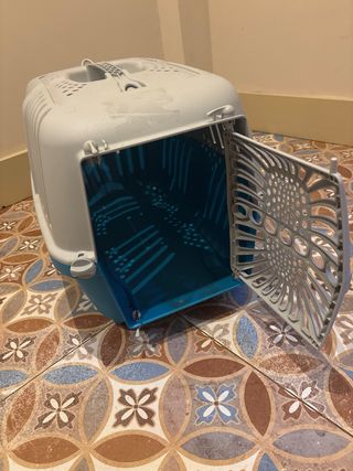 Transportín gato/perro azul y blanco