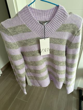 Zara Jersey Rayas V-Neck Morado/Gris