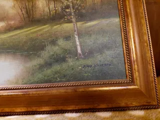 Cuadro paisaje río y árboles