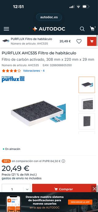 PURFLUX AHC535 Filtro de habitáculo