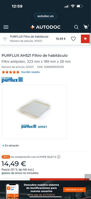 PURFLUX AH521 Filtro de habitáculo