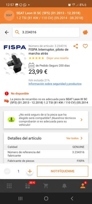 Interruptor Marcha Atras Nuevo para coche