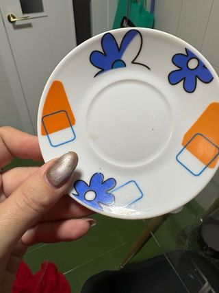 Juego 6 Tazas y Platitos Flores Azul Naranja