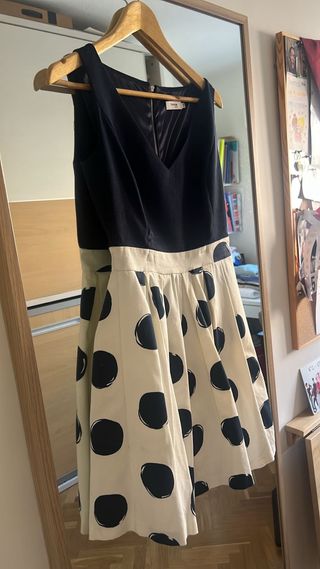 Vestido lunares azulon y blanco roto