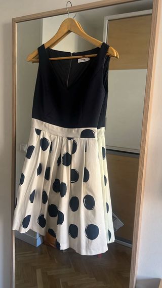 Vestido lunares azulon y blanco roto