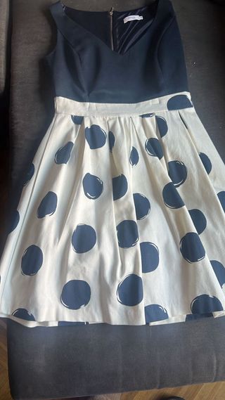 Vestido lunares azulon y blanco roto