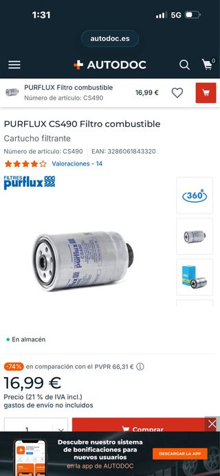 PURFLUX CS490 Filtro combustible