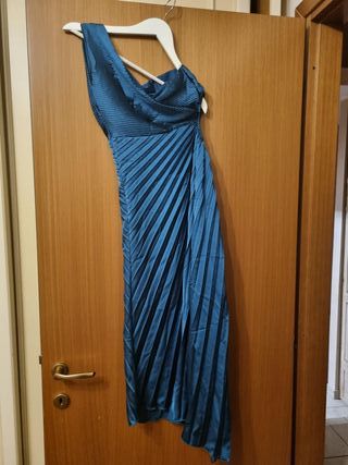 Abito elegante monospalla blu petrolio