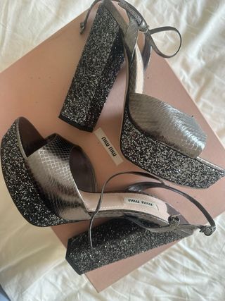 Sandalias Miu Miu Tacón Plataforma Gris/Plata