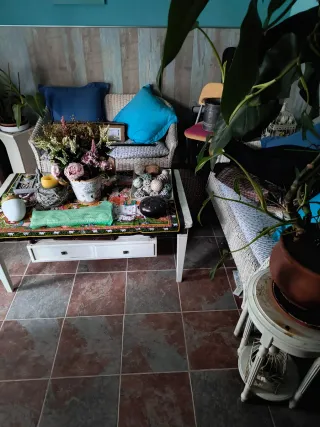 Mesa y 2 sofás de mimbre