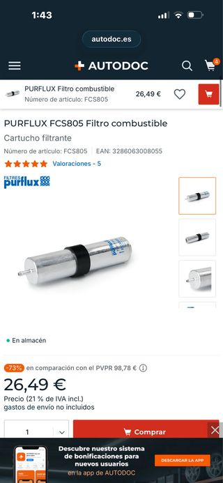 PURFLUX FCS805 Filtro combustible