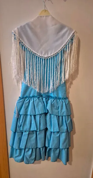 Vestido Flamenca Niña Azul & Blanco, Talla 6