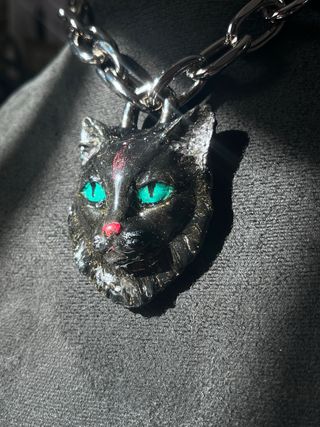 Collar Gata Artesanal Negro Ojos Verdes