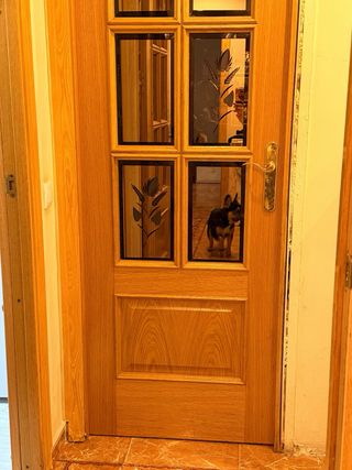 Puerta de madera con cristal decorado