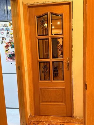 Puerta de madera con cristal decorado