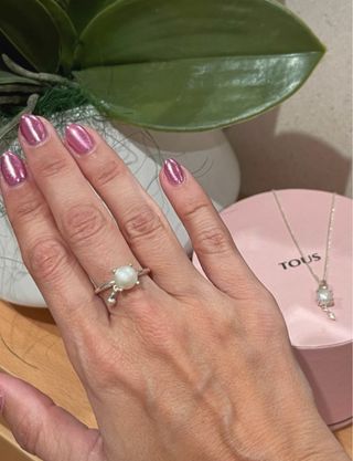 Conjunto Tous Anillo y Collar Perla Plata