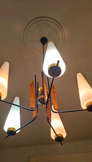 Lampadario vintage vetro, metallo e legno