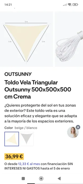 Toldo Triangular Outsunny 5m *5m*5m Marrón, NUEVO