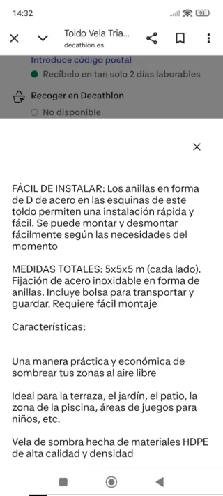 Toldo Triangular Outsunny 5m *5m*5m Marrón, NUEVO