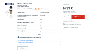 Filtro de Aceite "Mahle OX 1121D" para KIA/Hyundai