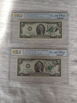 Due banconote da 2 dollari del 1976 firmate Mickey Gilley/Roger Mi