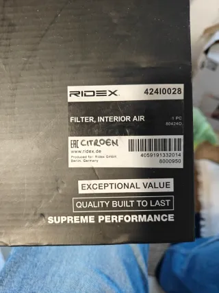 Filtro habitáculo RIDEX 42410028 Citroën C4 II (B7