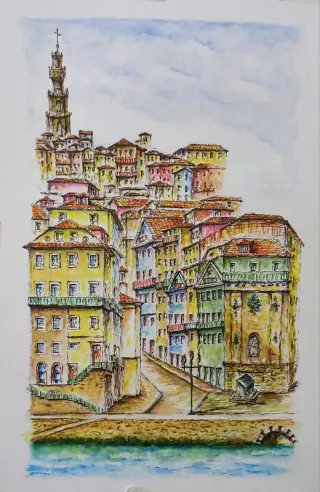 Pintura original aguarela paisagem  Ribeira Porto