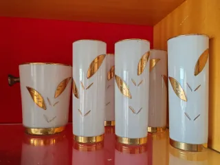 6 Vasos Tubo y Cubitera Vintage Oro Blanco