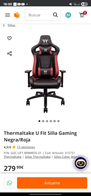 Silla Gaming Thermaltake U Fit Negra/Roja