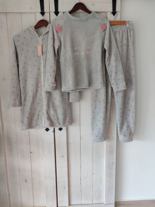 Pack Pijama Polar Gris + Bata Talla S