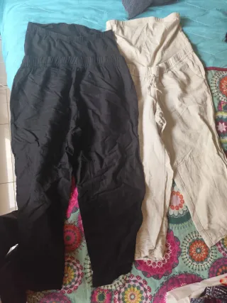 Pantalón premamá lino beige y negro