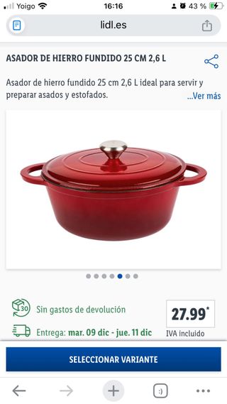 Olla hierro fundido Lidl 25cm ovalada roja