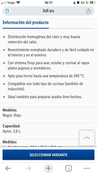 Olla hierro fundido Lidl 25cm ovalada roja