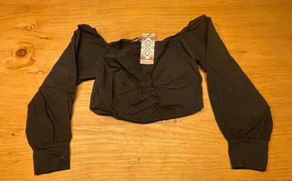 Top Boohoo Negro Manga 3/4 Fruncido