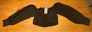 Top Boohoo Negro Manga 3/4 Fruncido