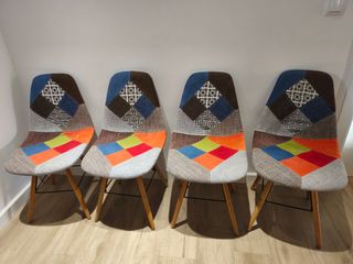 4 Sillas Patchwork Tela y Madera