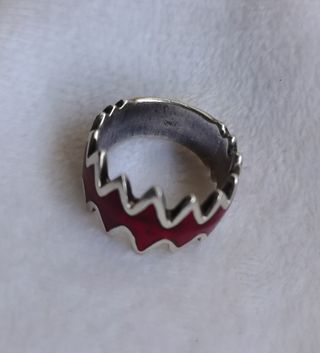 Anillo Plata Diseño Zigzag Rojo