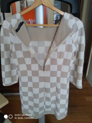 Vestido corto Rinascimento cuadros beige y blanco