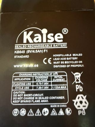 Batería Kaise 6V 4.5Ah Sellada Recargable