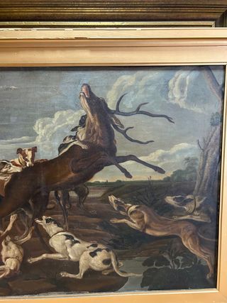 Cuadro antiguo caza ciervo perros