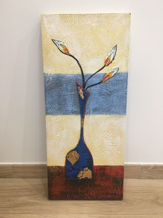 Cuadro abstracto floral azul y rojo