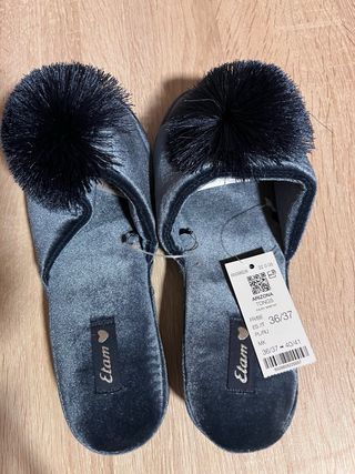 Pantuflas Etam Terciopelo Azul Pompón Mujer