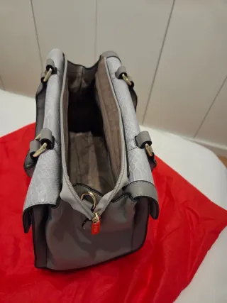 Bolso gris y dorado con textura piel serpiente.