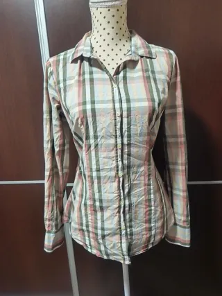 Camisa Benetton cuadros beige y verde