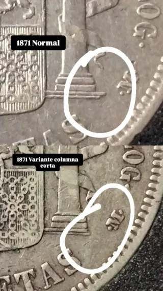 ESCASA VARIANTE 5 pesetas 1871 columna corta.