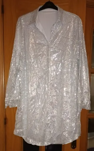 Blusón/Camisa Lentejuelas Plateado Talla 3XL~50