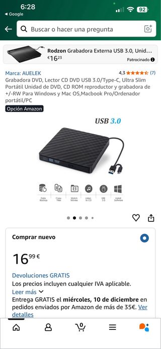 Grabadora DVD USB 3.0 / Type-C AUELEK