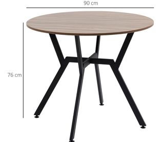 Mesa redonda de comedor, color madera y metal.