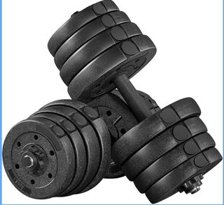 Soporte discos + mancuernas + 29 kg pesas